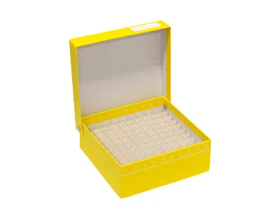 CAJA CRIOGÉNICA DE CARTÓN PARA VIALES DE 2ML DE ROSCA INTERNA CON RECUBRIMIENTO AMARILLO Y TAPA ABATIBLE, 10X10 Marca Endo Plasticware. - Imagen 2