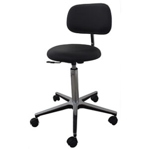 Tabouret à vérin pied aluminium, assise noire, 5 roues, avec dossier Marca Agencinox.