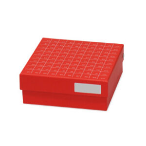 CAJA CRIOGÉNICA DE CARTÓN PARA VIALES DE 2ML DE ROSCA INTERNA CON RECUBRIMIENTO ROJO Y TAPA ABATIBLE, 10X10 Marca Endo Plasticware.