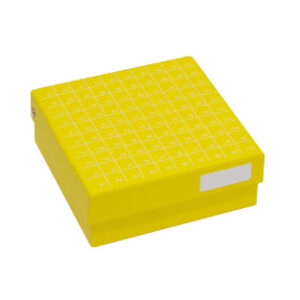CAJA CRIOGÉNICA DE CARTÓN PARA VIALES DE 2ML DE ROSCA INTERNA CON RECUBRIMIENTO AMARILLO Y TAPA ABATIBLE, 10X10 Marca Endo Plasticware.