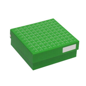 CAJA CRIOGÉNICA DE CARTÓN PARA VIALES DE 2ML DE ROSCA INTERNA CON RECUBRIMIENTO VERDE Y TAPA ABATIBLE, 10X10 Marca Endo Plasticware.