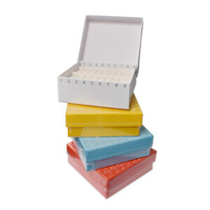 CRIOCAJA DE CARTÓN PARA 81 VIALES DE 2 mL DE ROSCA INTERNA Y EXTERNA, VERDE, TAPA ABATIBLE Marca Endo Plasticware.