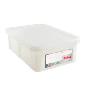 Bandeja rectangular 25 l transparente con tapa HACCP Marca Gilac.