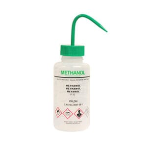 FRASCO LAVADOR BOCA ANCHA 500ML ETIQUETADO "METANOL" Marca Endo Plasticware.