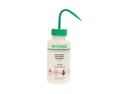 FRASCO LAVADOR BOCA ANCHA 500ML ETIQUETADO "METANOL" Marca Endo Plasticware.