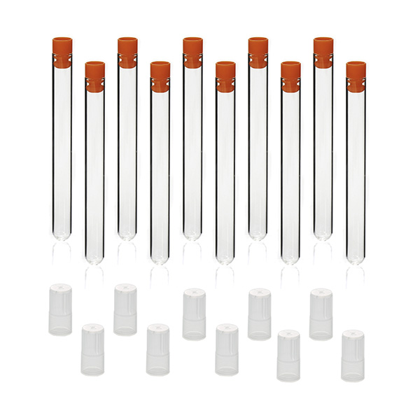 Pack de 10 tubos de ensayo, con 10 tapones color naranja y 10 tapones color natural